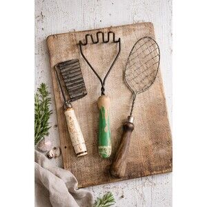 Vintage Kitchen Tools Set – Rustic Potato Masher, Crinkle Cutter & Green Fork